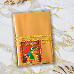 Chinese New Year Papercut Dragon Wood Red Gold Square Sticker