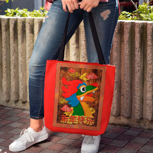 Chinese New Year Papercut Dragon Wood Red Gold Tote Bag