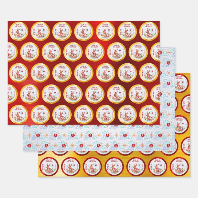 Chinese New Year Papercut Rabbit Clouds Red Gold Wrapping Paper Sheet (Set)