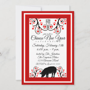Chinese New Year Pig and Flower Tree Invitation