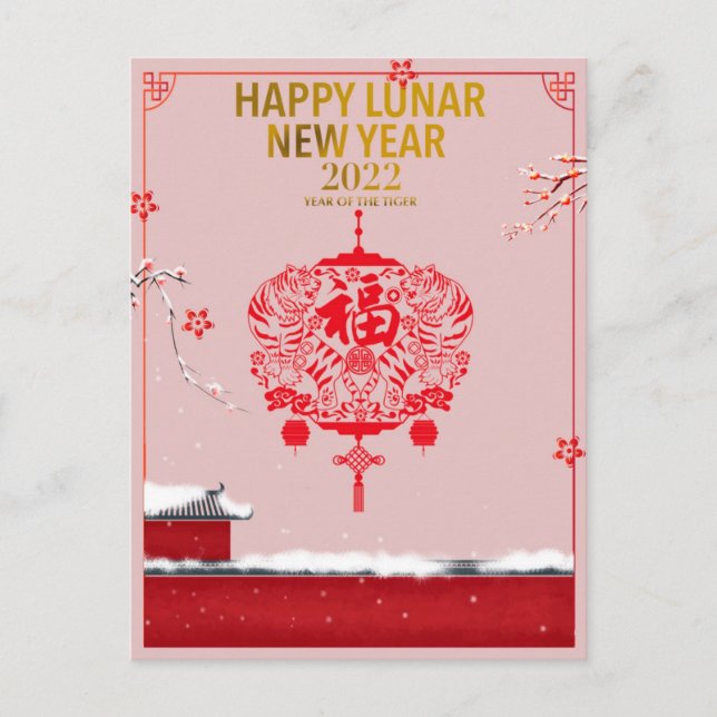 Chinese New Year Pink Red Floral Snow Fu Fortune Postcard (Front)
