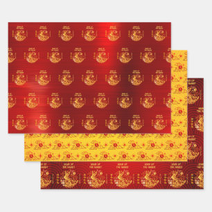Chinese New Year Rabbit Clouds Gold Red Pattern Wrapping Paper Sheet