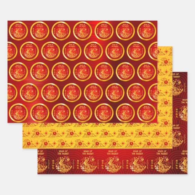Chinese New Year Rabbit Clouds Gold Red Pattern Wrapping Paper Sheet (Set)