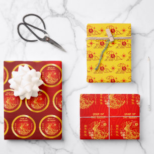 Chinese New Year Rabbit Clouds Gold Red Pattern Wrapping Paper Sheet