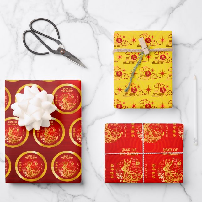 Chinese New Year Rabbit Clouds Gold Red Pattern Wrapping Paper Sheet (Front)