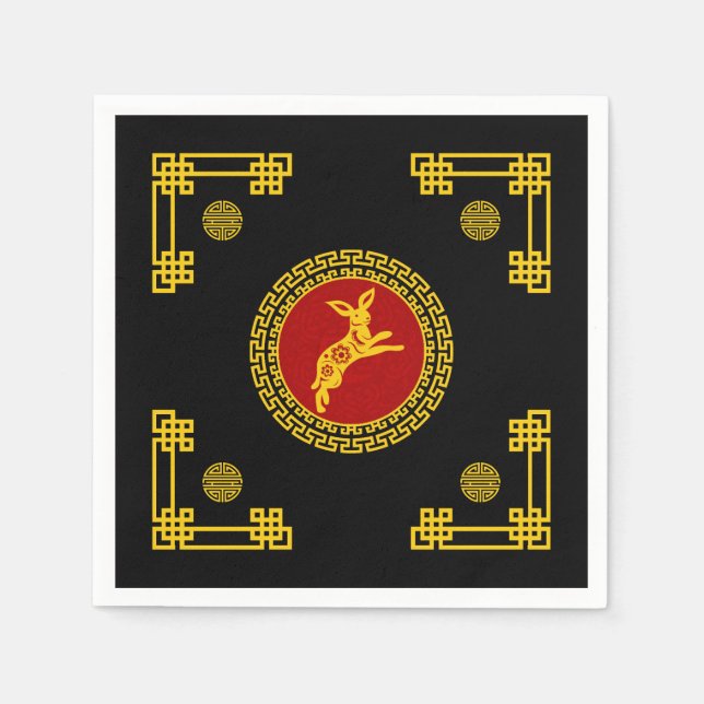 Chinese New Year Rabbit Red & Gold Ornament Napkin (Front)