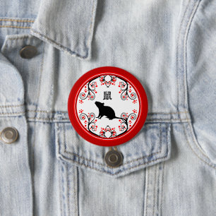 Chinese New Year Rat with Red Blossoms 3 Inch Round Button