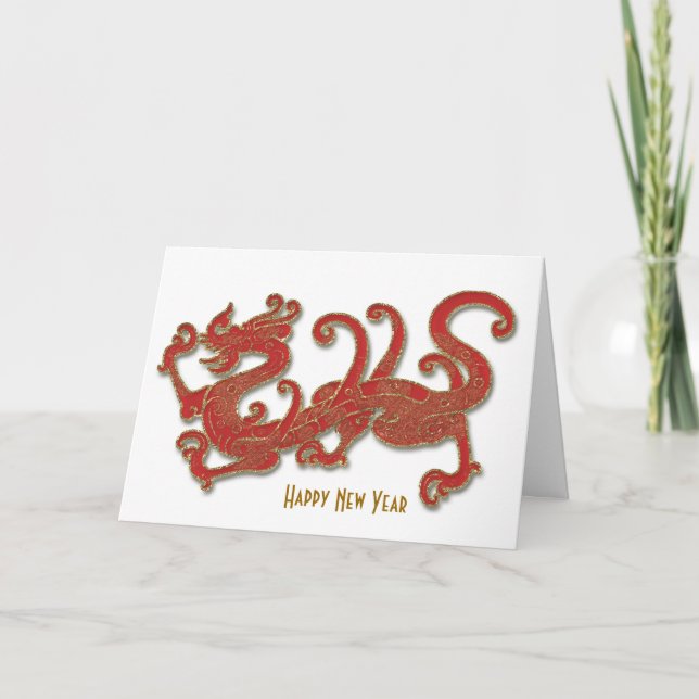 Chinese New Year, Red Gold Dragon Greeting Card (Front)