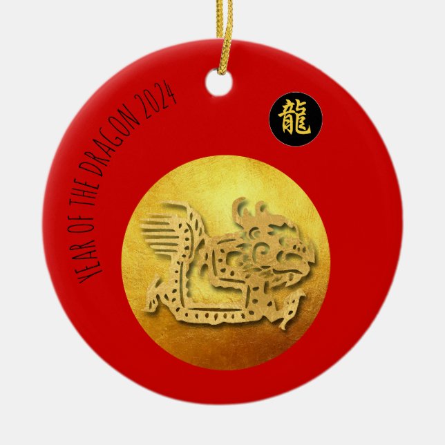 Chinese New Year Red Golden Dragon 2024 CRO Ceramic Ornament (Front)