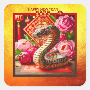 Chinese New Year Snake and Peonies Origami SqS Square Sticker