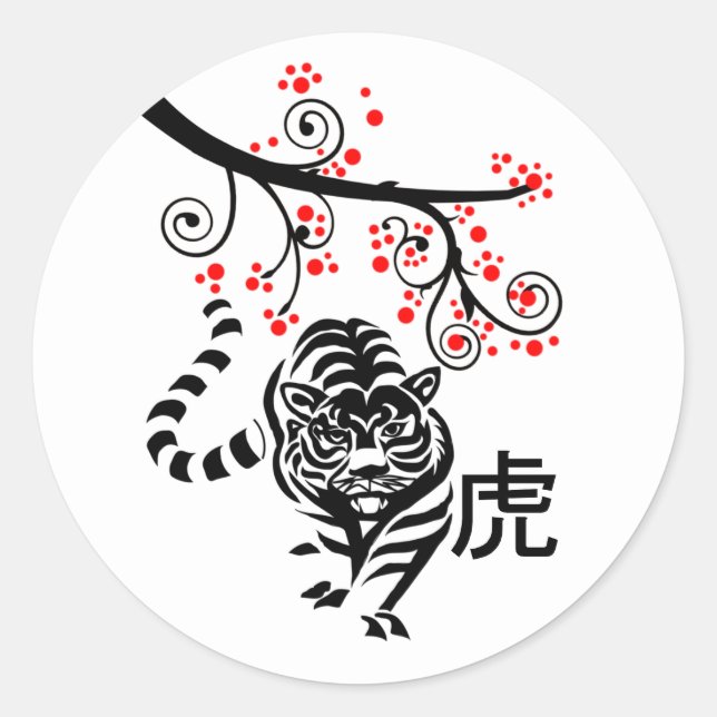 Chinese New Year Tiger and Red Blossoms Classic Round Sticker (Front)