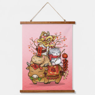 Chinese New Year Whimsical Cow and Cats Hanging Tapestry