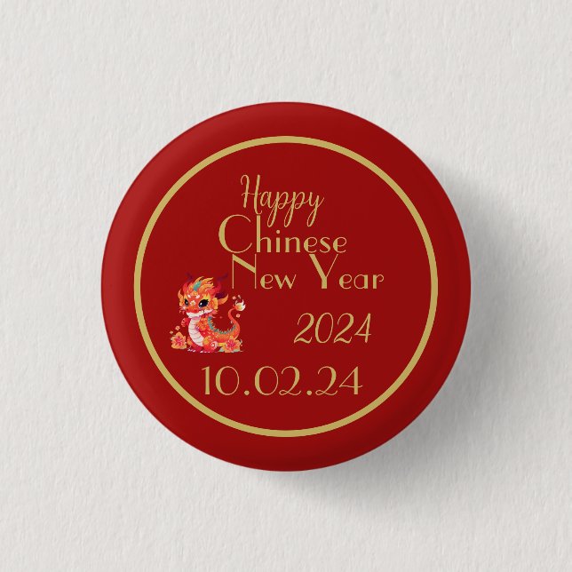 Chinese new year, year of the dragon, red and gold 1 inch round button (Front)