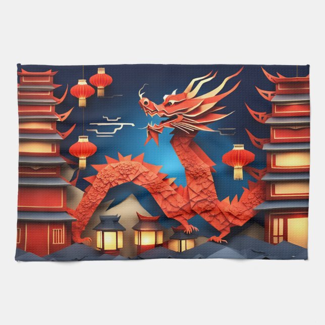 Chinese Origami Red Dragon Year KT Kitchen Towel (Horizontal)