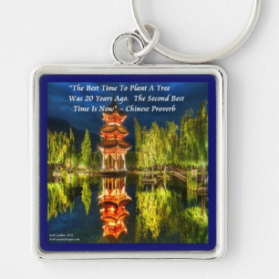 Chinese Pagoda And Nature Proverb Keychain