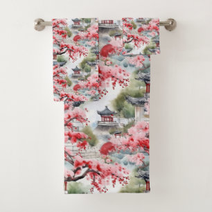 Chinese Pagoda Watercolor Pattern  Bath Towel Set
