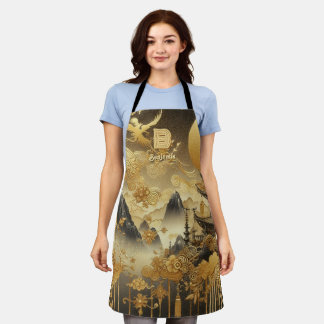Chinese Painting Faux Golden Dripping Monogrammed  Apron