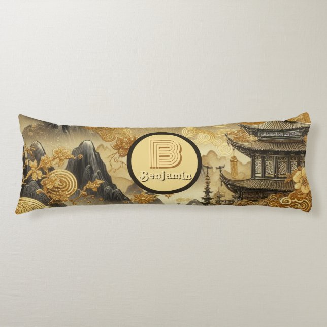 Chinese Painting Faux Golden Dripping Monogrammed  Body Pillow (Front)