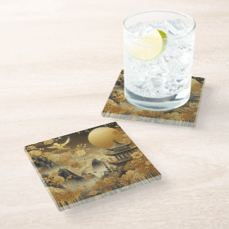 Chinese Painting Faux Golden Dripping Monogrammed  Glass Coaster