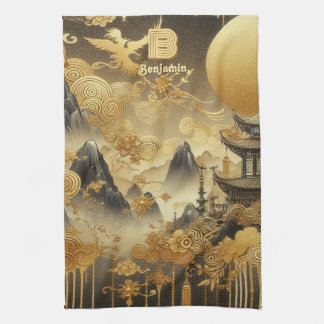 Chinese Painting Faux Golden Dripping Monogrammed  Kitchen Towel