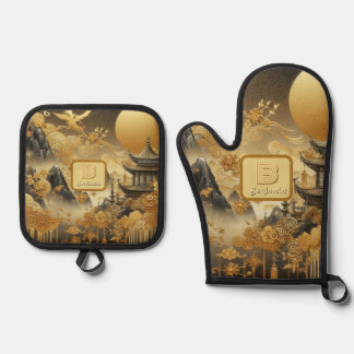 Chinese Painting Faux Golden Dripping Monogrammed  Oven Mitt & Pot Holder Set