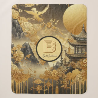 Chinese Painting Faux Golden Dripping Monogrammed  Sherpa Blanket