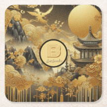 Chinese Painting Faux Golden Dripping Monogrammed 