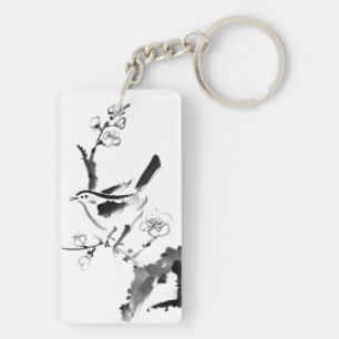 Chinese painting , plum blossom and bird keychain