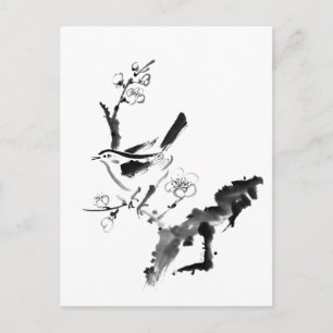 Chinese painting , plum blossom and bird postcard