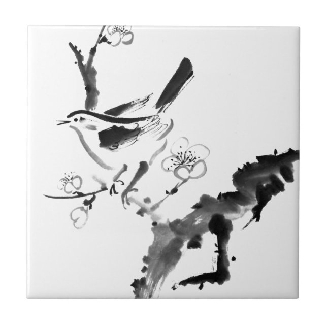 Chinese painting , plum blossom and bird tile (Front)