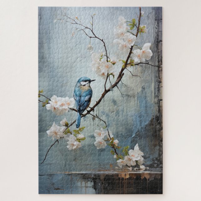 Chinese Painting with Blue Birds and Flowers Jigsaw Puzzle (Vertical)