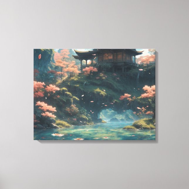 Chinese Palace on Blossom Flower Mountain Painting Canvas Print (Front)