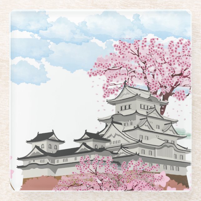 "Chinese Palace with Sakura Trees – Elegant Orient Glass Coaster (Front)