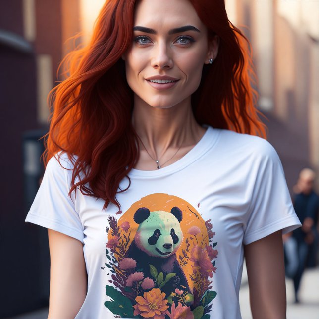 Chinese Panda at Sunset with Flowers Cute Animal T-Shirt (Panda print on t-shirt)