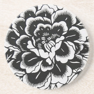 Chinese Paper-Cut Peony in Black Coaster