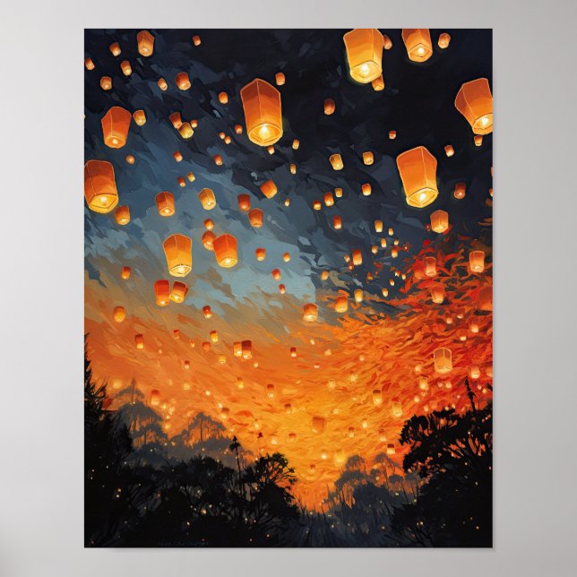 Chinese Paper Lanterns Landscape Art Print Poster (Front)