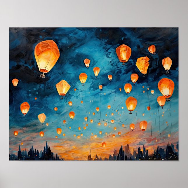 Chinese Paper Lanterns Landscape Art Print Poster (Front)