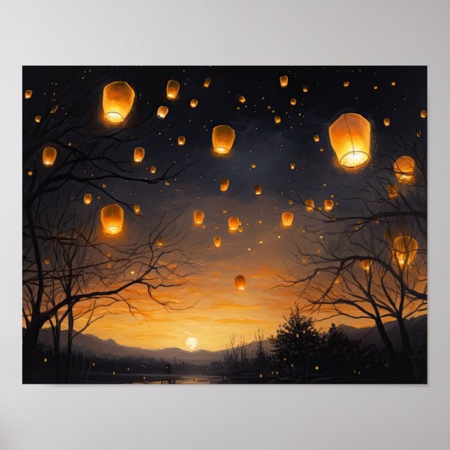 Chinese Paper Lanterns Landscape Art Print Poster (Front)