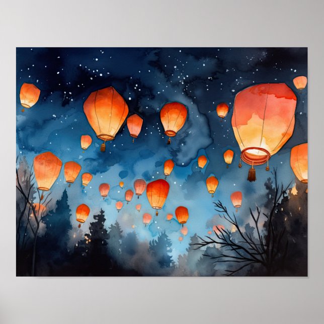 Chinese Paper Lanterns Landscape Art Print Poster (Front)