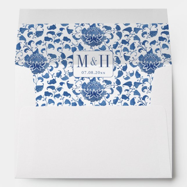 Chinese Pattern Blue Floral Wedding Return Address Envelope (Back (Bottom))