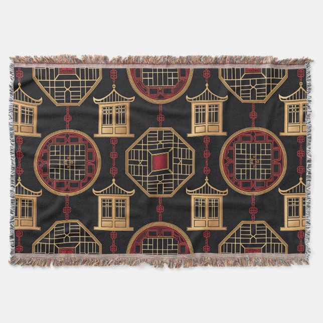 Chinese Pavilion Lattice Pattern Throw Blanket (Front)