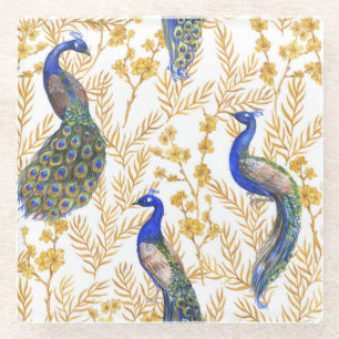 Chinese peacocks, golden sakura, watercolor. glass coaster
