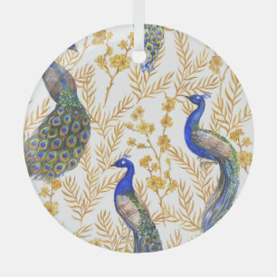 Chinese peacocks, golden sakura, watercolor. glass ornament