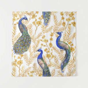 Chinese peacocks, golden sakura, watercolor. tapestry