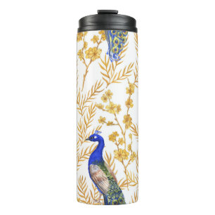 Chinese peacocks, golden sakura, watercolor. thermal tumbler