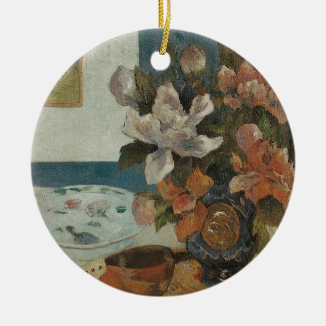 Chinese Peonies and Mandolin by Paul Gauguin Ceramic Ornament (Front)