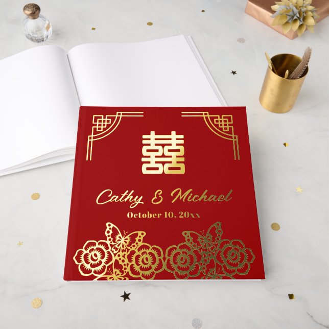 Chinese peony flower butterfly wedding papercut  guest book (Front Open)
