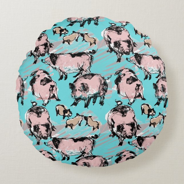 Chinese Pig Year 2019 Original drawing Blue Round Round Pillow (Front)