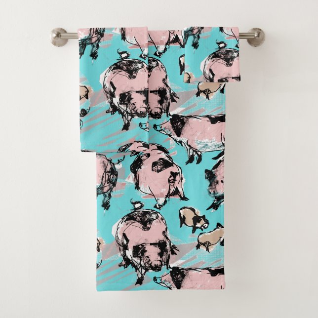 Chinese Pig Year Birthday Original drawing Blue BT Bath Towel Set (Insitu)