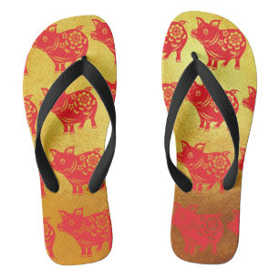 Chinese Pig Year Red Papercut Gold Men Flip Flop